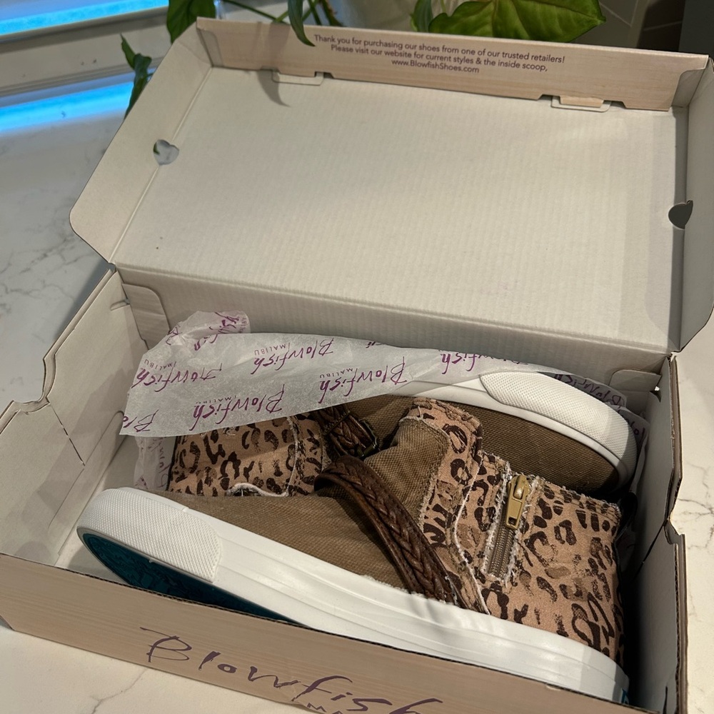 Blowfish Leopard-Print High-Top Sneakers in Brown and White